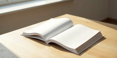 A blank book rests open on a light wood surface, bathed in sunlight, presenting a clean and inviting space for written content or imagery.