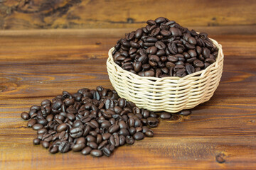 Coffee beans in woven bowl basket.