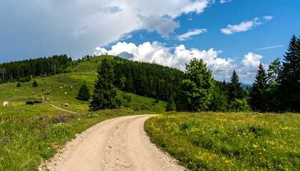 Fototapeta premium Mountain path through meadow