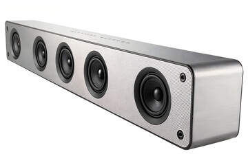 Close up of a silver soundbar speaker with multiple drivers on a white background