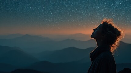 Silhouette of a woman gazing at a starry night sky over a mountain range