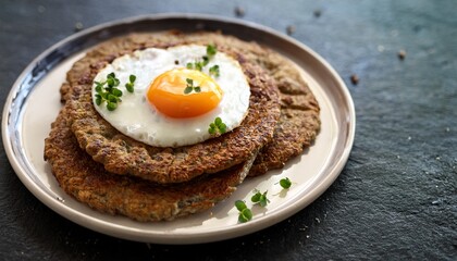 rustic homemade buckwheat galettes topped with melted cheese and a sunny side up egg on a muted slate backdrop classic breton style french fare isolated with white highlights