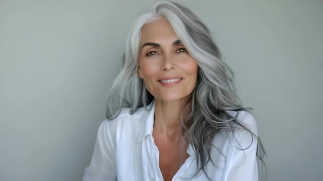A captivating portrait features sophisticated woman with cascading gray hair, warm, inviting smile. She's styled in white blouse against muted gray background, exuding natural elegance