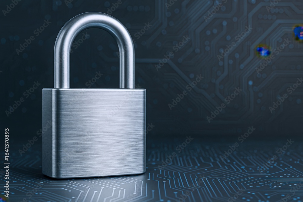 Poster metallic padlock on circuit board: illustrating security, encryption, and data protection concepts