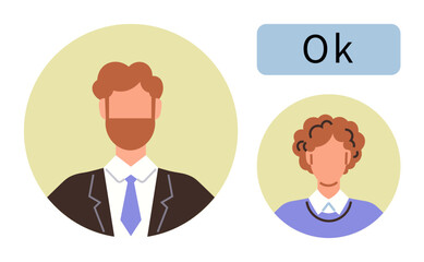 Portraits of a suited man and casually dressed woman, highlighting styles and roles. Ideal for profile representation, approval concept, social interaction, communication design, business projects