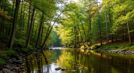 Serene forest river reflecting autumn colors