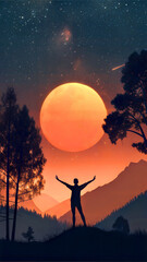 Obraz premium Silhouette of a person with arms raised in triumph against a vibrant sunset over rolling hills and trees
