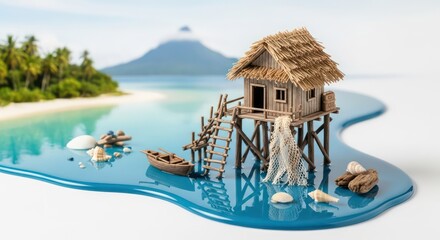 Crafted Tropical Escape: Miniature Stilt Hut on a Serene Blue Lagoon
