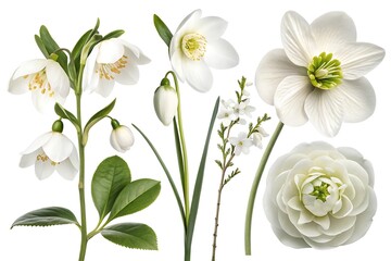 Collection of delicate white spring flowers including snowdrops hellebores and ranunculus on a white background