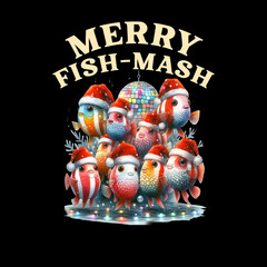 Merry Fish Mash Christmas T Shirt Design   Cute Colorful Fishes in Santa Hats