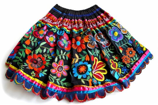 Traditional mexican skirt showcasing vibrant floral embroidery and colorful ribbons, celebrating mexican craftsmanship