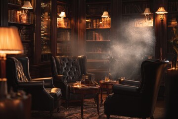 Cozy library lounge with smoke, armchairs, drinks relaxation, escape, luxury escape
