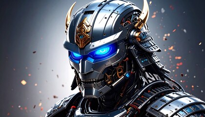 Fototapeta premium Close-up of photorealistic samurai robot helmet with glowing eyes in zero gravity.