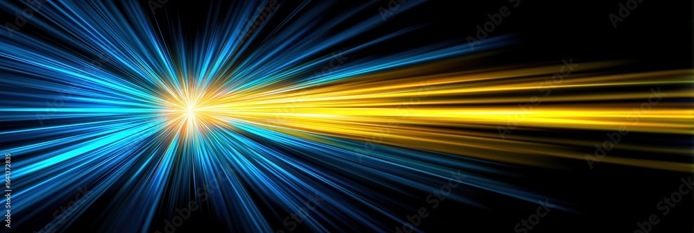 Poster abstract futuristic background with dynamic golden light rays and intense blue glowing particle expl