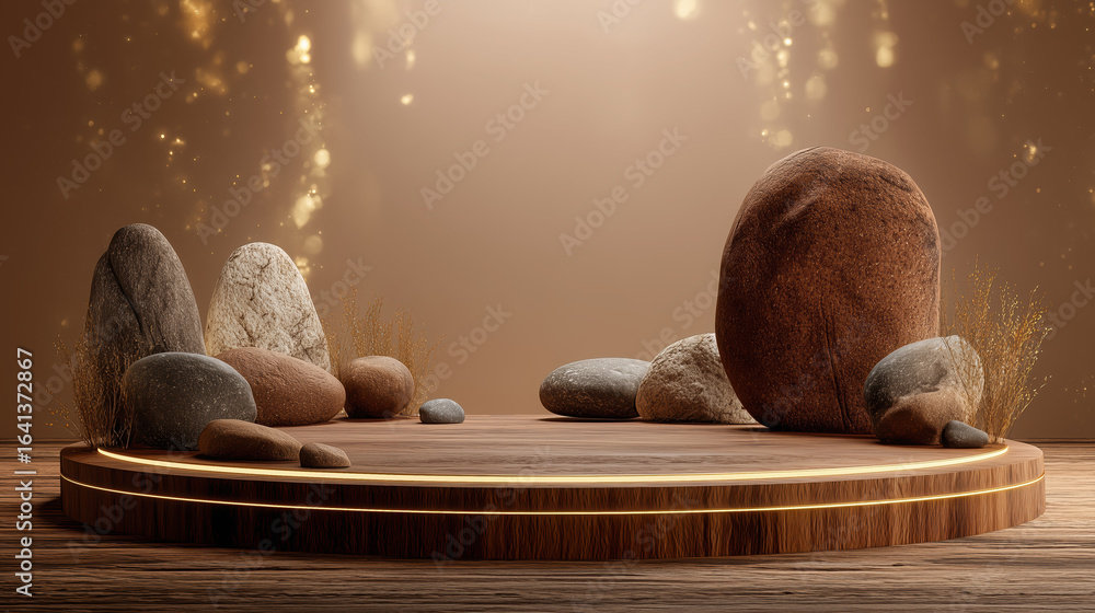 Poster natural stones of various shapes and sizes arranged on a wooden platform illuminated by soft lightin