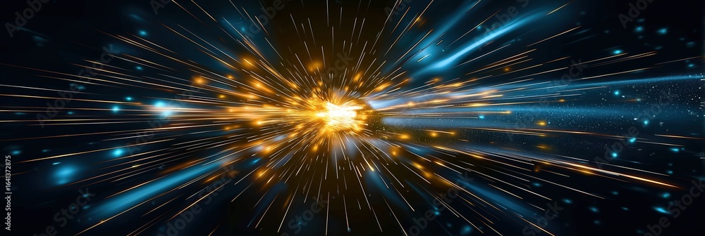 Poster abstract futuristic background with dynamic golden light rays and intense blue glowing particle expl