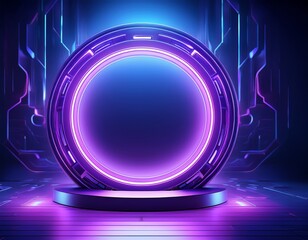 a luminous purple circle sits in the center against a calm blue background creating a serene and futuristic ambiance