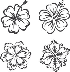 Obraz premium Hand drawn hibiscus flower vector icon illustration, simple black and white line art, minimalist tropical floral symbol, clean decorative design for nature, botanical, and summer projects