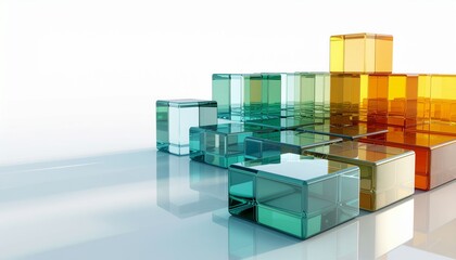 Futuristic Glass Cube Cityscape – Minimalist 3D Architecture on Reflective Surface
