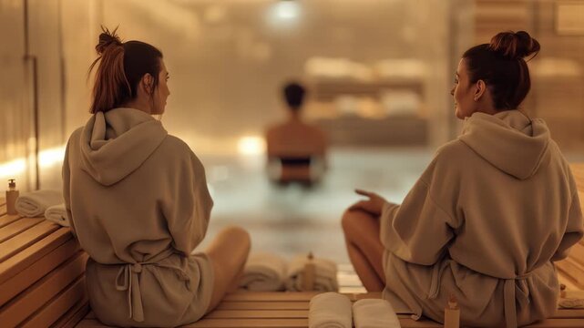 Two women are sitting side by side on a wooden bench, wrapped in robes, facing a pool or hot tub. The setting suggests a relaxing spa or wellness center, promoting tranquility.
