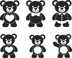 Black and white teddy bear illustrations, cute cartoon plush toys, heart and bow tie details, waving bear clipart, nursery decor, vector design elements.