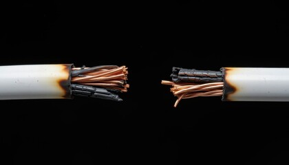 Electrical fire hazard damaged wire insulation workshop high-resolution image dark environment close-up view safety awareness