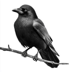 Fototapeta premium Black crow perched on a branch with a detailed close-up view