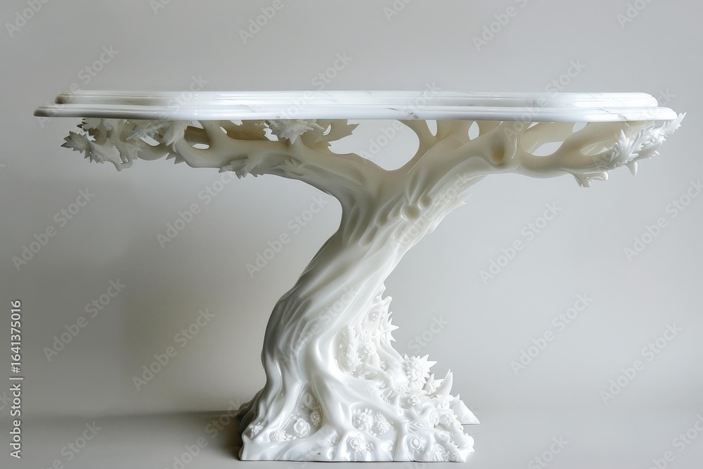 Poster luxurious white marble table shaped like a tree supporting an oval marble top, creating an elegant a