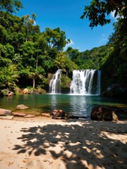 Obraz premium Captivating waterfall adventure tropical rainforest scenic landscape serene environment wide angle view nature's beauty