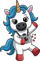 Cartoon unicorn, blue hair, golden horn, red hooves, holding camera, taking photo, expressive eyes, standing pose, cute fantasy character