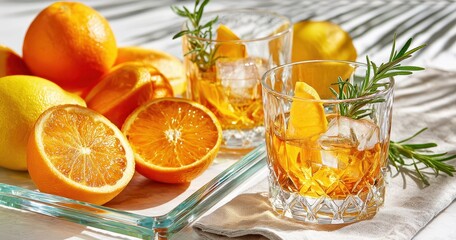 Orange and lemon slices with rosemary in a fresh beverage in sunlight