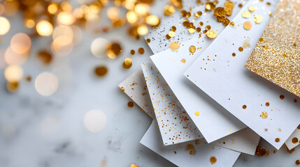 Stacked white and gold glitter papers with scattered golden confetti on a soft marble surface, creating a festive and elegant atmosphere for celebrations. Selective focus