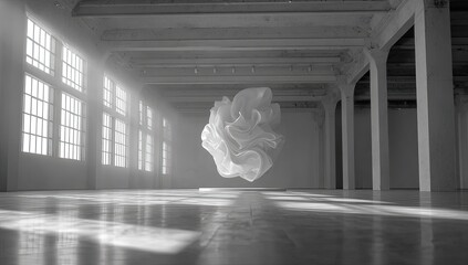 Abstract sculpture, light-filled white industrial space