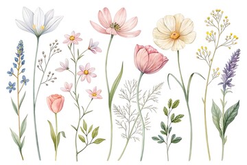 Delicate watercolor painting of a variety of wildflowers and blossoms in soft pastel colors on a white background