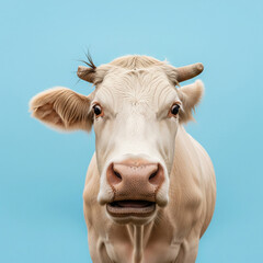A brown and white cow with its mouth slightly open looks directly at the camera.

