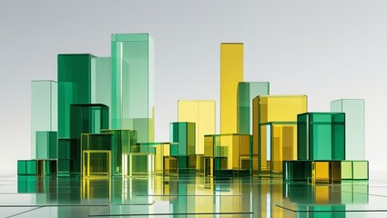 Futuristic Glass Cube Cityscape – Minimalist 3D Architecture on Reflective Surface
