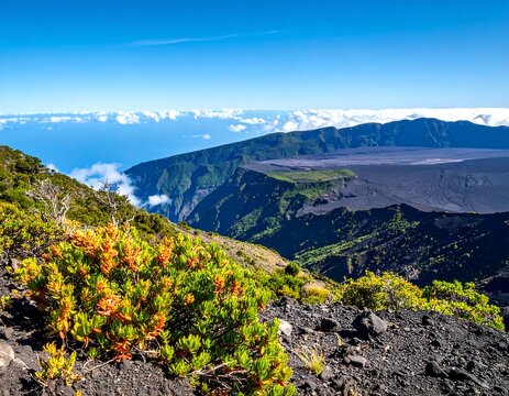 Volcanic landscape with vibrant plants - Powered by Adobe