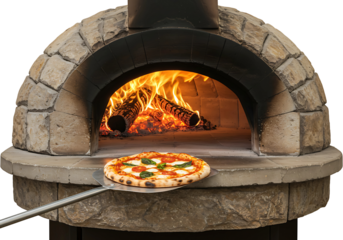 Rustic stone pizza oven baking delicious pizza with flames inside and pizza peel ready for serving transparent background