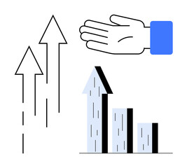 Upward arrows and bar graph represent growth and progress, with a hand emphasizing support. Ideal for business strategy, data analysis, financial success, goals, investment, teamwork, simple landing