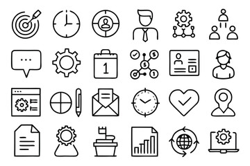 Photo of set of 24 business and office icons in line style, representing various concepts isolated on white background, such as target and deadline