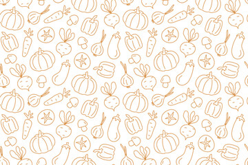 autumn vegetables seamless pattern with beetroot, pepper, pumpkin, eggplant, mushroom, tomato, onion, carrot icons; great for packaging for organic food products - vector illustration