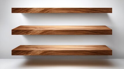 Obraz premium Three floating wooden shelves mounted on a plain white wall for product display