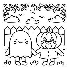 Halloween Vibes Coloring Page – Spooky and Cute Halloween-Themed Printable for Adults and Kids, Haunted House, Pumpkins, Ghosts, and Bats Line Art