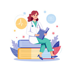 Female doctor sitting on a giant book symbolizing medical knowledge, healthcare education, and professional training in clean minimalist vector design