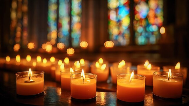 Candlelight Prayers: Warm Glowing Votive Candles in a Church Setting, Soft Focus and Stained Glass - Powered by Adobe