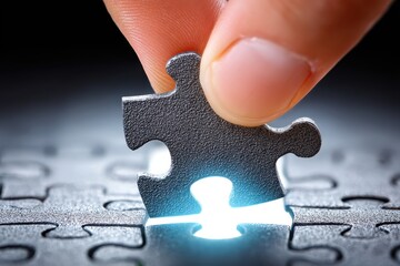 Puzzle piece being placed into illuminated final spot by a hand