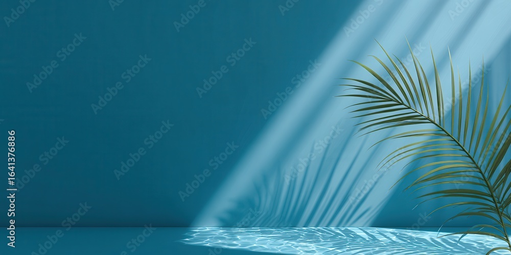 Poster minimalist abstract background banner with a palm leaf shadow on a blue wall, light rays, and empty 