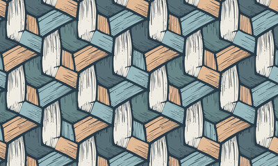 Abstract geometric tessellation seamless pattern, Hand-drawn rustic woodblock texture