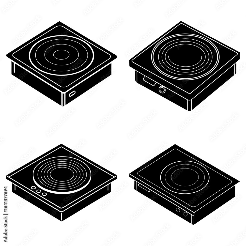 Poster isometric view of four black induction cooktops with circular heating elements on a white background