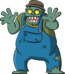 Cartoon zombie in overalls with raised arms, green undead character in grabbing pose, spooky Halloween illustration, funny monster design, concept